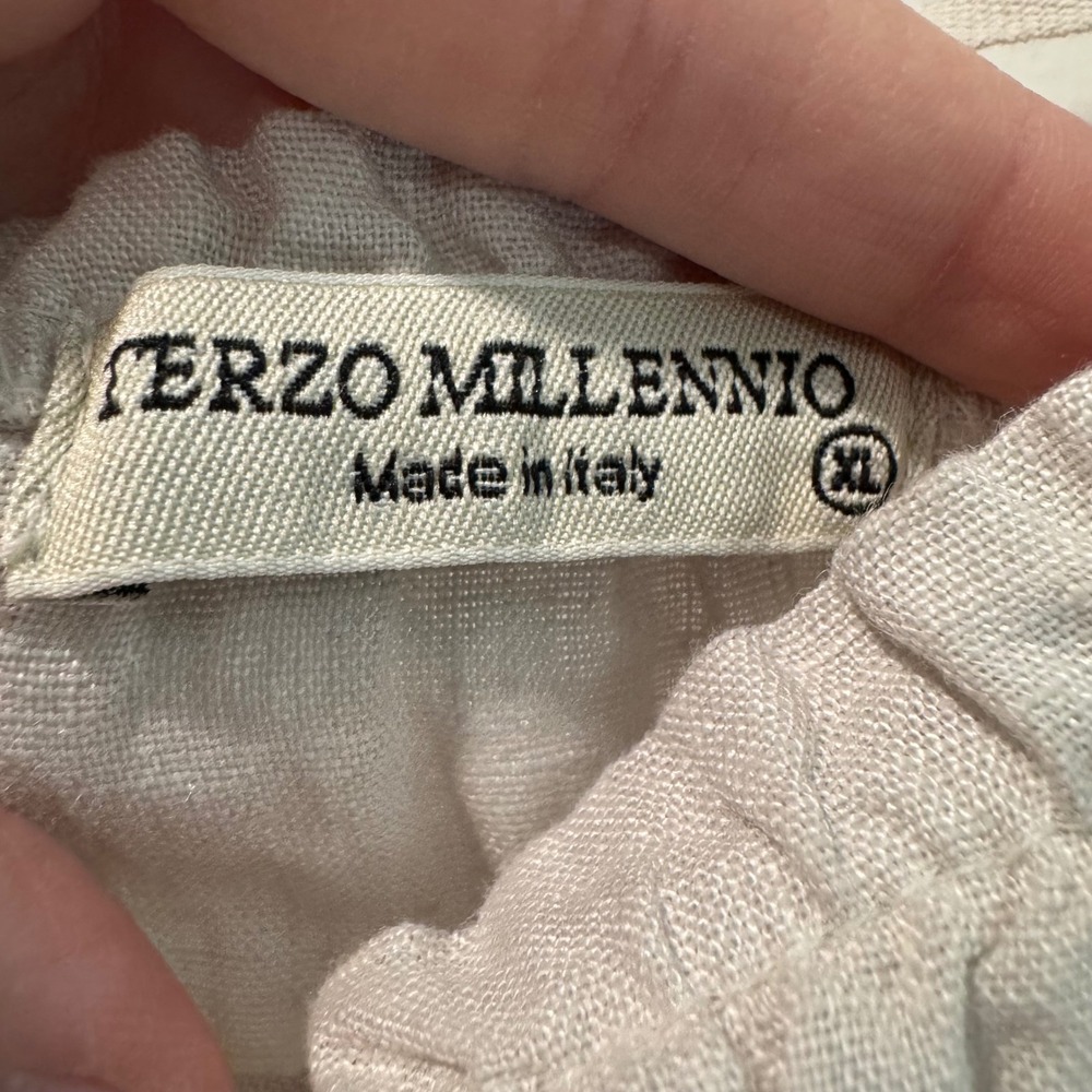 Terzo Millennio Italy Linen Tiered Mini Dress XL Beige Crochet Lace Bell Sleeve - Picture 5 of 7